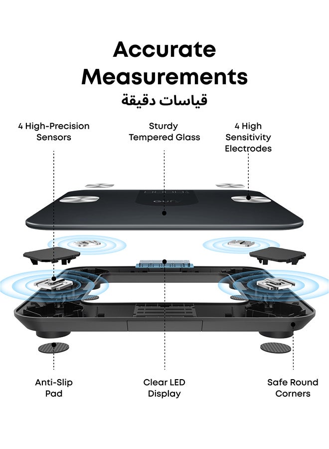 إيوفي ميزان ذكي A1 مع بلوتوث، مقياس دهون الجسم، ميزان حمام رقمي لاسلكي، 12 قياسًا، الوزن/دهون الجسم/مؤشر كتلة الجسم، تحليل تكوين الجسم للياقة البدنية، أسود، رطل/كجم. - Image 3