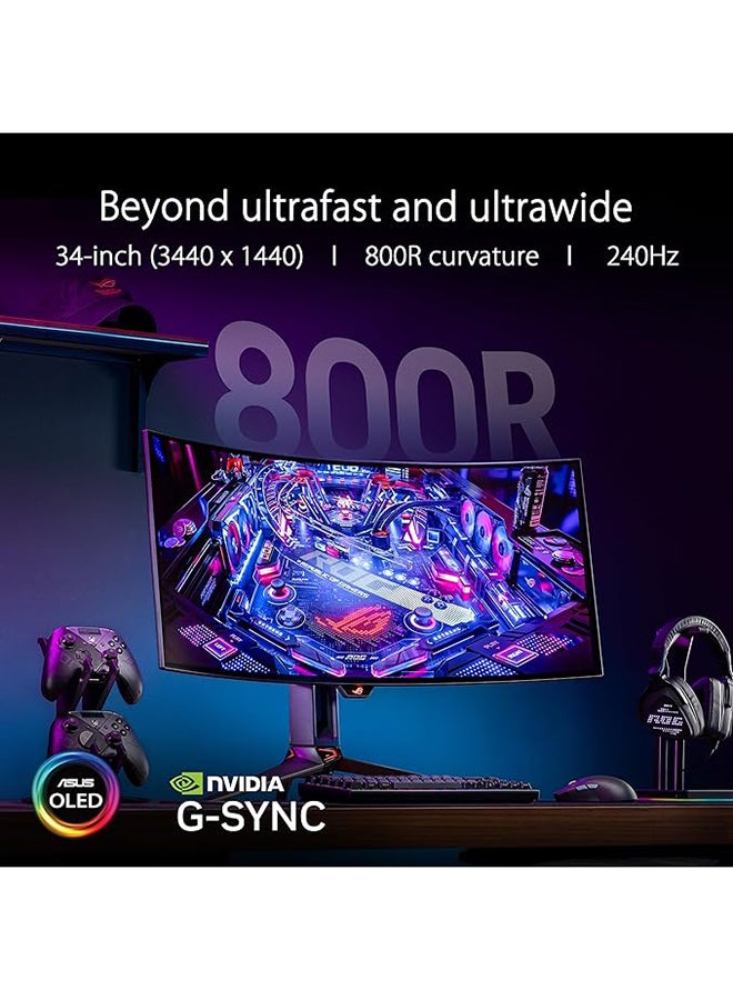 ASUS - 34 inch ROG Swift OLED Ultrawide 800R Curved Gaming Monitor (PG34WCDM) – 21:9 (3440 x 1440), 240Hz, 0.03ms, G-SYNC Compatible, Custom Heatsink, Uniform Brightness, Smart KVM, USB-C 90W PD, 1300nits Black - Image 1