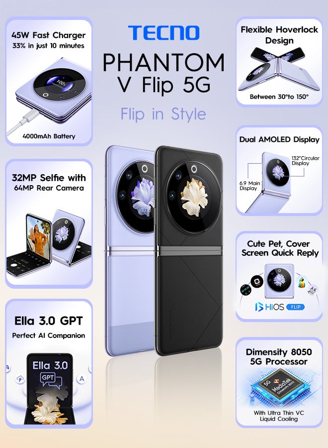 TECNO - Phantom V Flip 5G Iconic Black Dual SIM 8GB RAM 256GB - Middle East Version - Image 1