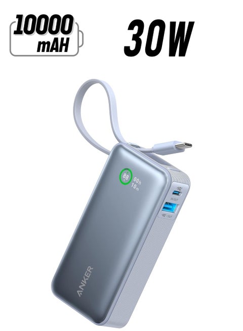 10000 mAh Nano Power Bank, 10000mAh Portable Charger with Built-In USB-C Cable, PD 30W Output with 1 USB-C, 1 USB-A, Fast Charging Battery Pack for iPhone 16/15 Series, Samsung, Huawei, Xiaomi, iPad, Vivo Sky