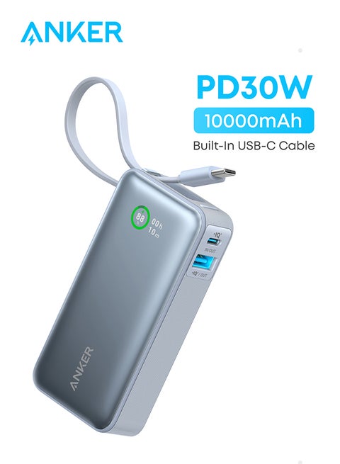 10000 mAh Nano Power Bank, 10000mAh Portable Charger with Built-In USB-C Cable, PD 30W Output with 1 USB-C, 1 USB-A, Fast Charging Battery Pack for iPhone 16/15 Series, Samsung, Huawei, Xiaomi, iPad, Vivo Sky
