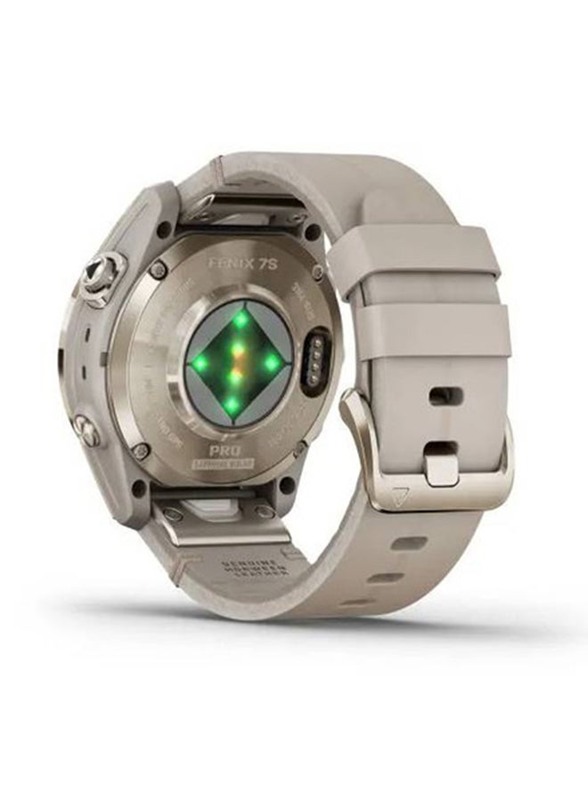 GARMIN - Fenix  7S Pro - 42MM - Sapphire Solar Edition - Up To 14 Days Battery Life - 1.2"inch Sunlight-Visible  Display, Scratch Resistant, Power Sapphire™, Heart Rate Monitor, All Day Stress Monitor, Power Sapphire Solar Charging Lens, Advanced GPS Features, iOS and Android Compatible SOFT GOLD SS WITH LIMESTONE LEATHER BAND - Image 1