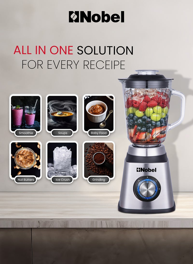 Nobel 2 in 1 Blender & Grinder, Stainless Steel Base, 1.5L Glass Jar & Grinder, 2 Speeds, Overheat Protection, LED Light, Powerful Motor 1.5 L 600 W NB515CRI Silver - Image 3