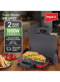 Impex Turkish Toaster Sandwich Maker Anti-Stick Coating 4 Large Slice 3 Temperature Controller 1800 W SW 3607 Red/Black  - Image 2