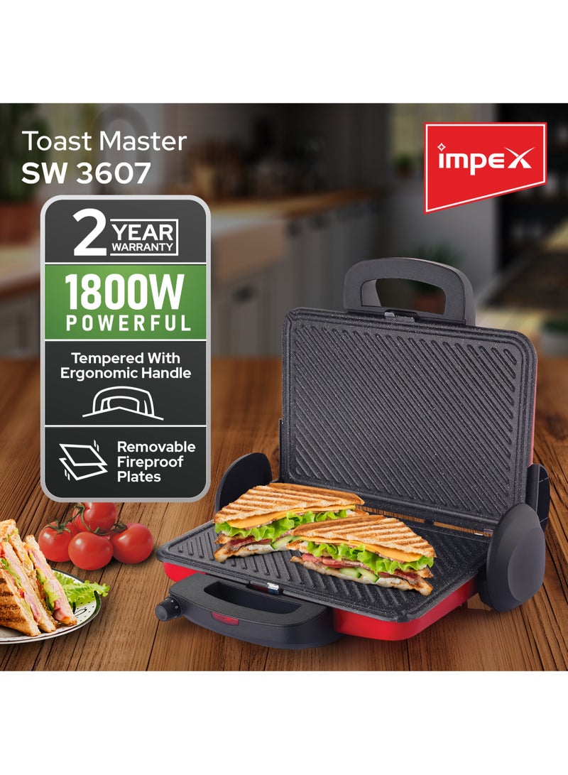 Impex - Turkish Toaster Sandwich Maker Anti-Stick Coating 4 Large Slice 3 Temperature Controller 1800 W SW 3607 Red/Black - Image 1