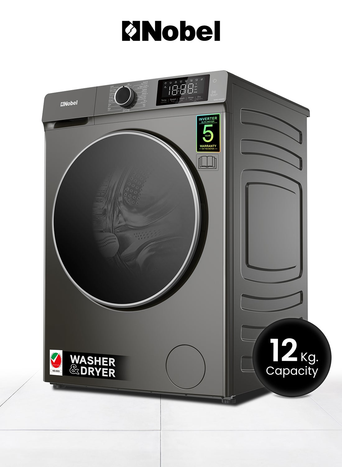 Nobel 12/8 Premium Combo Washer Dryer with 16 Programs, BLCD Inverter Motor, Fully Automatic Front Load Washing Machine with 8KG Dryer, Dial Touch Control, Child Safety Lock, Quick Wash, 2000W, One year Warranty 2000 W NWM1400WD Dark Silver 