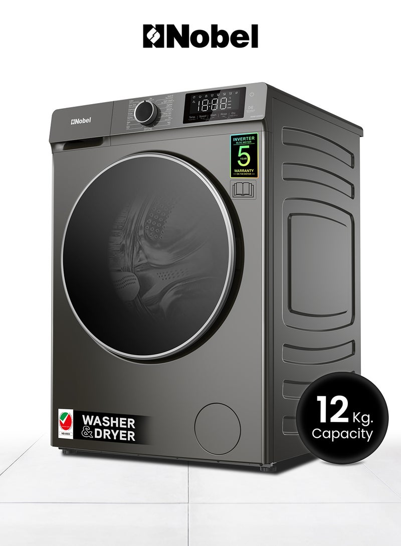 Nobel - 12/8 Premium Combo Washer Dryer with 16 Programs, BLCD Inverter Motor, Fully Automatic Front Load Washing Machine with 8KG Dryer, Dial Touch Control, Child Safety Lock, Quick Wash, 2000W, One year Warranty 2000 W NWM1400WD Dark Silver - Image 1
