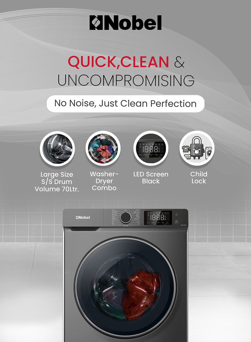 Nobel - 12/8 Premium Combo Washer Dryer with 16 Programs, BLCD Inverter Motor, Fully Automatic Front Load Washing Machine with 8KG Dryer, Dial Touch Control, Child Safety Lock, Quick Wash, 2000W, One year Warranty 2000 W NWM1400WD Dark Silver - Image 1