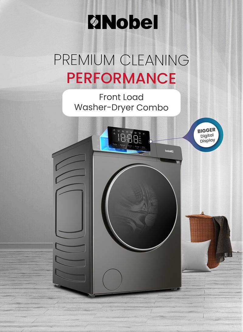 Nobel - 12/8 Premium Combo Washer Dryer with 16 Programs, BLCD Inverter Motor, Fully Automatic Front Load Washing Machine with 8KG Dryer, Dial Touch Control, Child Safety Lock, Quick Wash, 2000W, One year Warranty 2000 W NWM1400WD Dark Silver - Image 1
