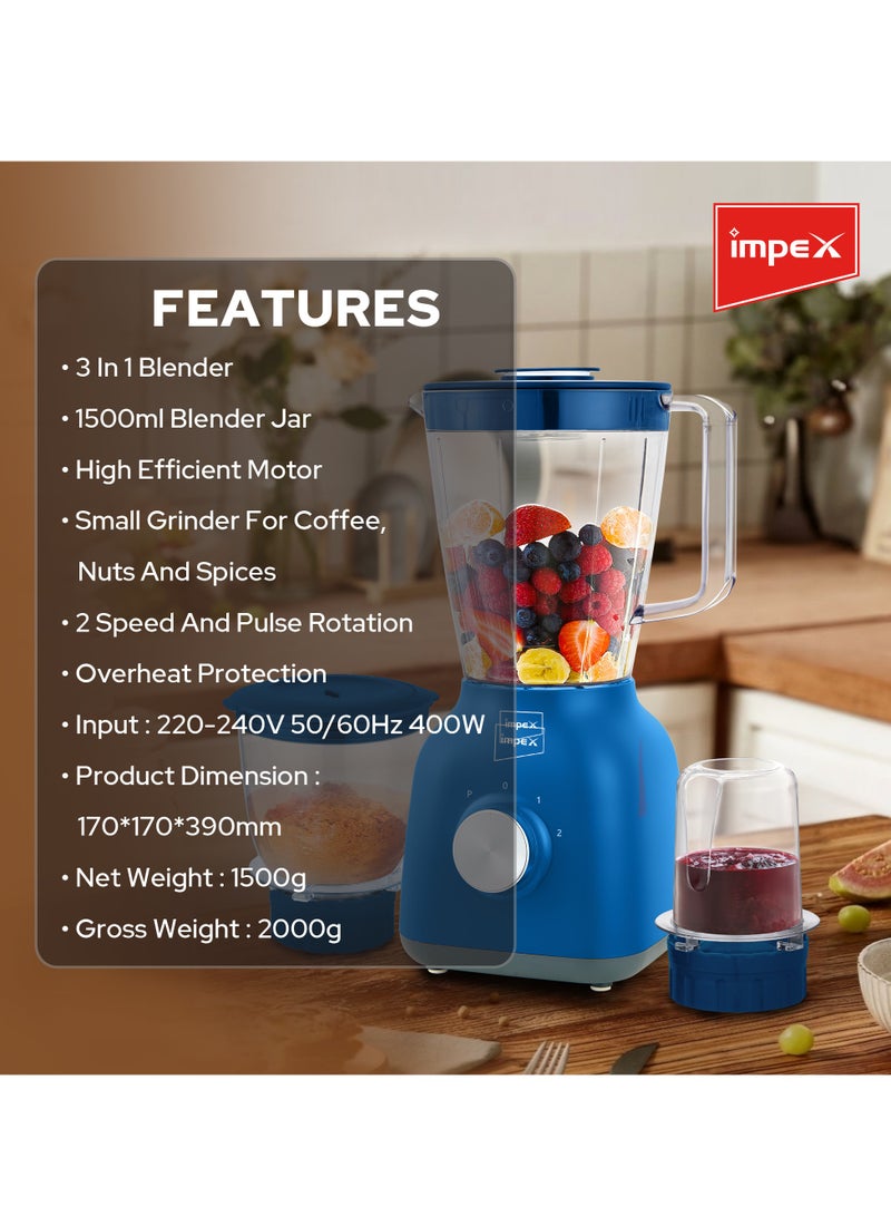 Impex - Blender Mixer Grinder with Mincer Mills Pulse rotation 2 Speed Control and Overheat Protection, 2 Years Warranty 1.5 L 400 W BL 3503BL Blue - Image 1