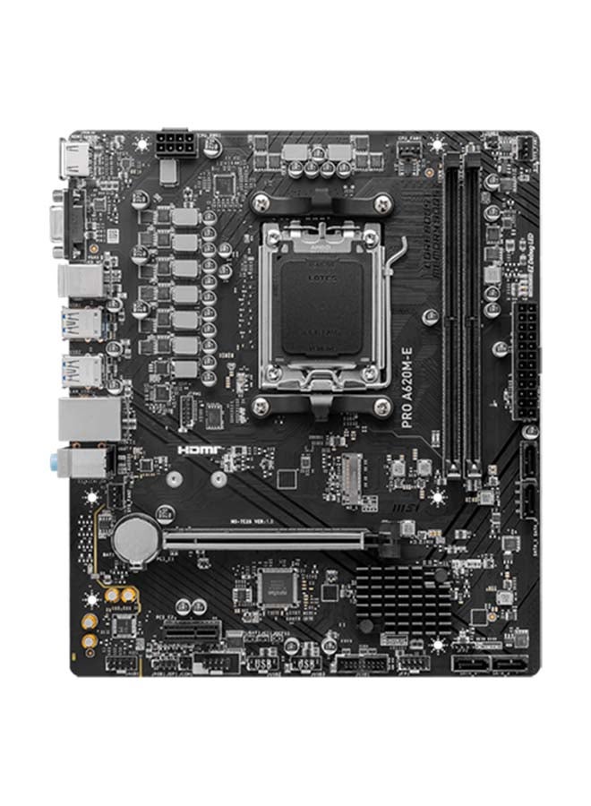 MSI - MSI PRO A620M-E AM5 mATX Motherboard, AMD A620 Chipset, 2x DDR5 / 96GB Max Memory, 1x PCI-E x16, 1x M.2, RTL8111H Gigabit LAN, 2x USB 3.2 Type-A, 1x HDMI / 1x VGA | 911-7E28-001 - Image 1