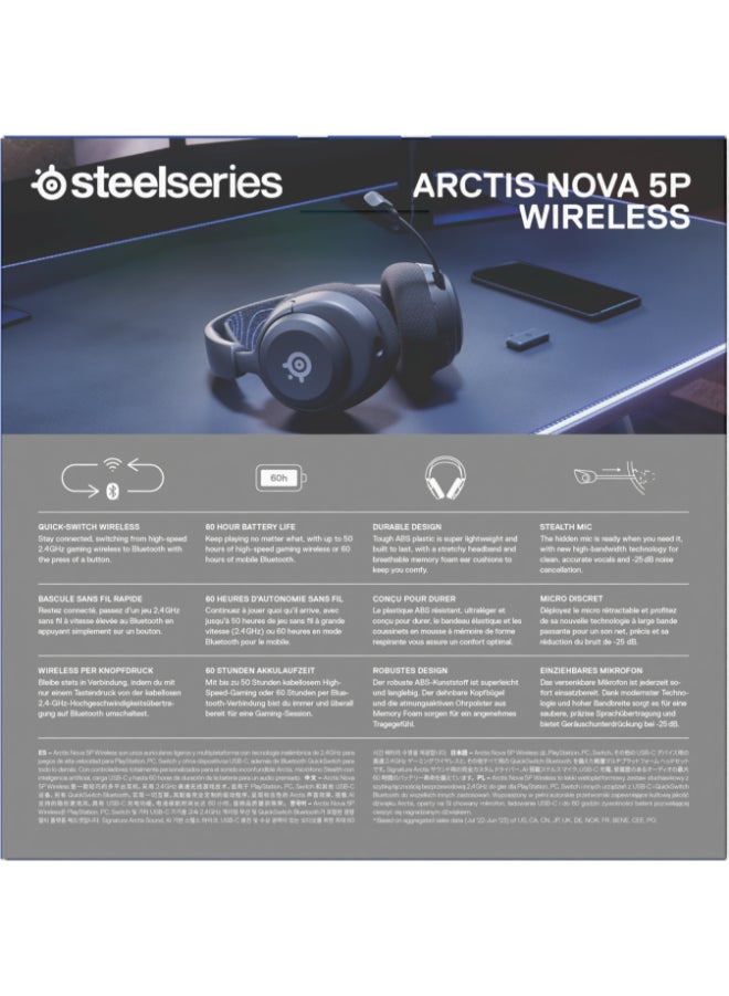 steelseries - Arctis Nova 5P Wireless Headphones, 40mm Neodymium Drivers, ClearCast Gen 2.x, Retractable Boom, 360° Spatial Audio, Quick-Switch Wireless, Black / Blue | 61673 - Image 1