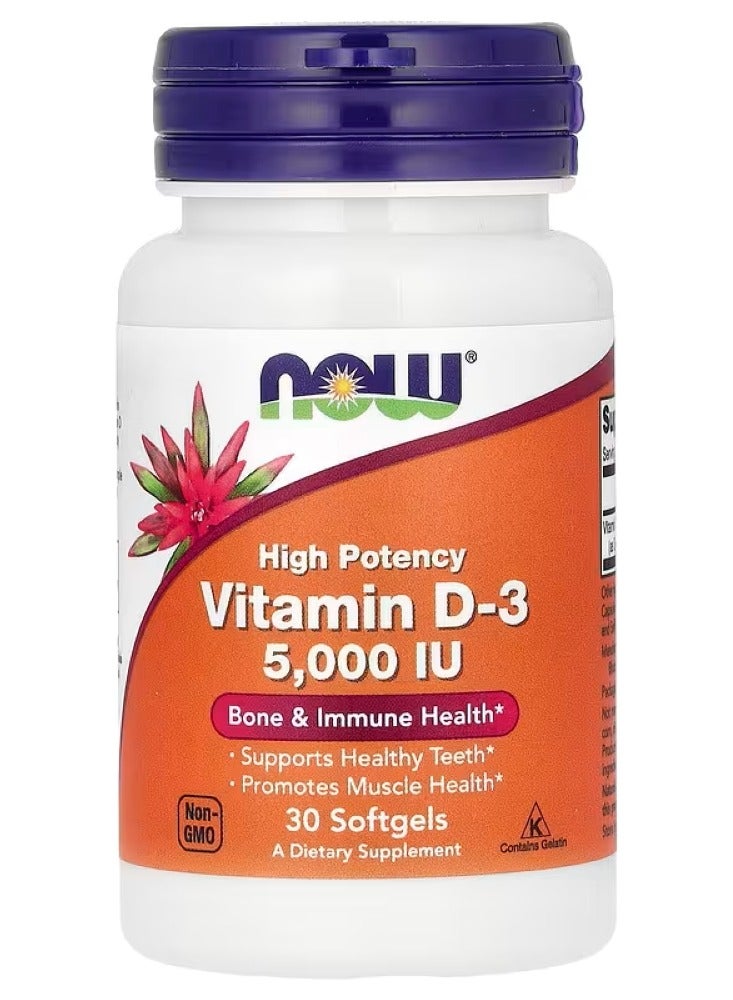 Now Foods Vitamin D-3 High Potency 5000 IU 30 Softgels - Image 1