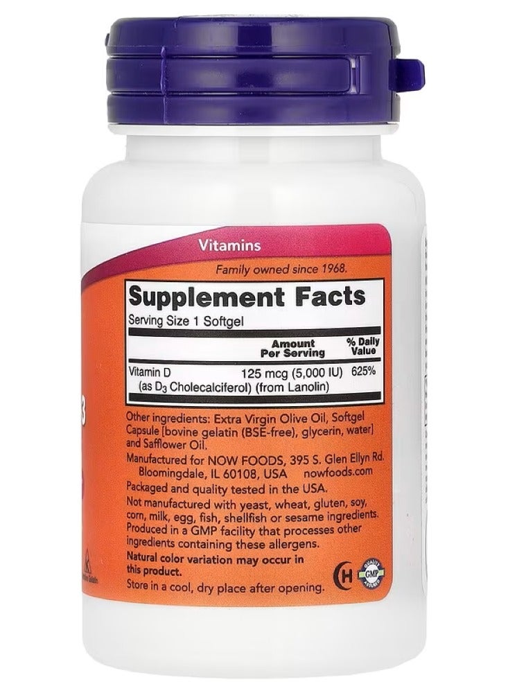 Now Foods Vitamin D-3 High Potency 5000 IU 30 Softgels - Image 2