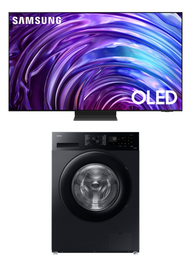 سامسونج - تلفزيون ذكي 77 بوصة OLED 4K QA77S95DAUXEG Tizen OS ذكي أسود + غسالة سامسونج 8 كجم WW80CGC0EDABAS - Image 1
