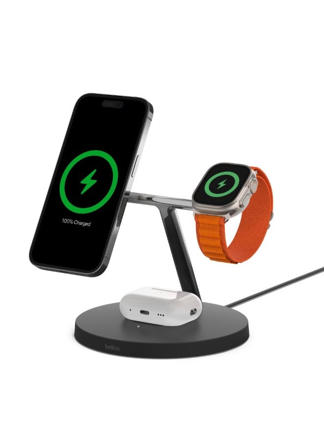 belkin BOOSTCHARGE PRO 3-IN-1 Wireless Stand Fast Charger W/15W MagSafe For Apple iPhone 15/14/13/12 Pro Max/Pro/Plus, Apple Watch Series Ultra SE/9/8/7/6/5/4/3/2/1 And AirPods/Airpods Pro - Black Black  - Image 1