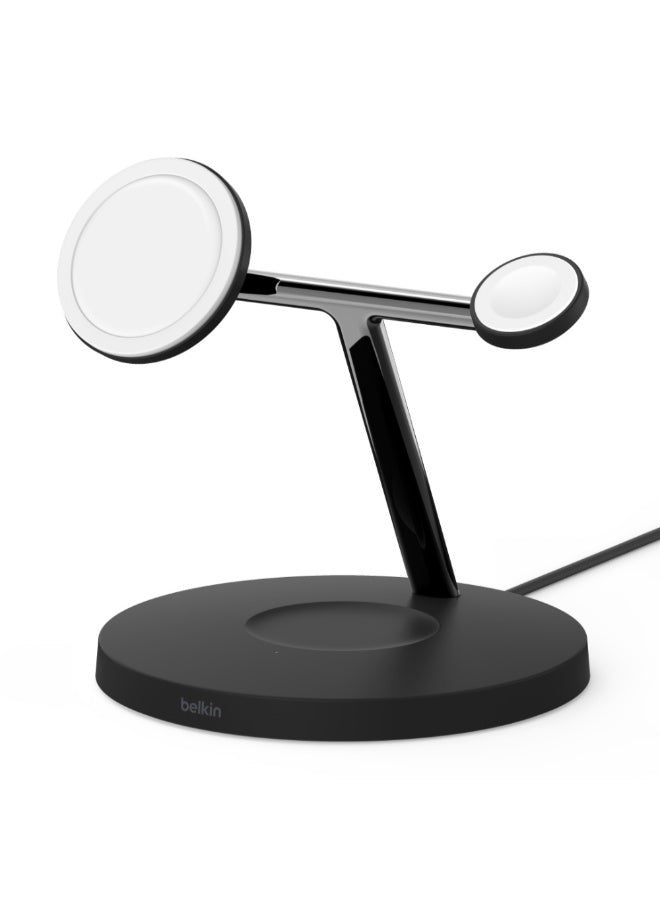 belkin BOOSTCHARGE PRO 3-IN-1 Wireless Stand Fast Charger W/15W MagSafe For Apple iPhone 15/14/13/12 Pro Max/Pro/Plus, Apple Watch Series Ultra SE/9/8/7/6/5/4/3/2/1 And AirPods/Airpods Pro - Black Black  - Image 2