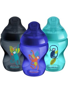 tommee tippee Tommee Tippee Closer to Nature Baby Bottles, Slow-Flow Breast-Like Teat with Anti-Colic Valve, 260ml, Pack of 3, Jungle Blues  - Image 1