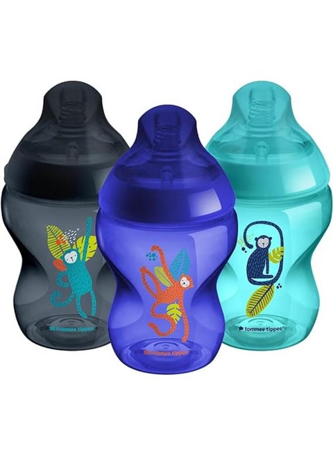 Jungle Blues Bottles 3-Pack 260ml | Slow-Flow Teat, Anti-Colic Valve | BPA-Free Feeding Bottles for Newborns