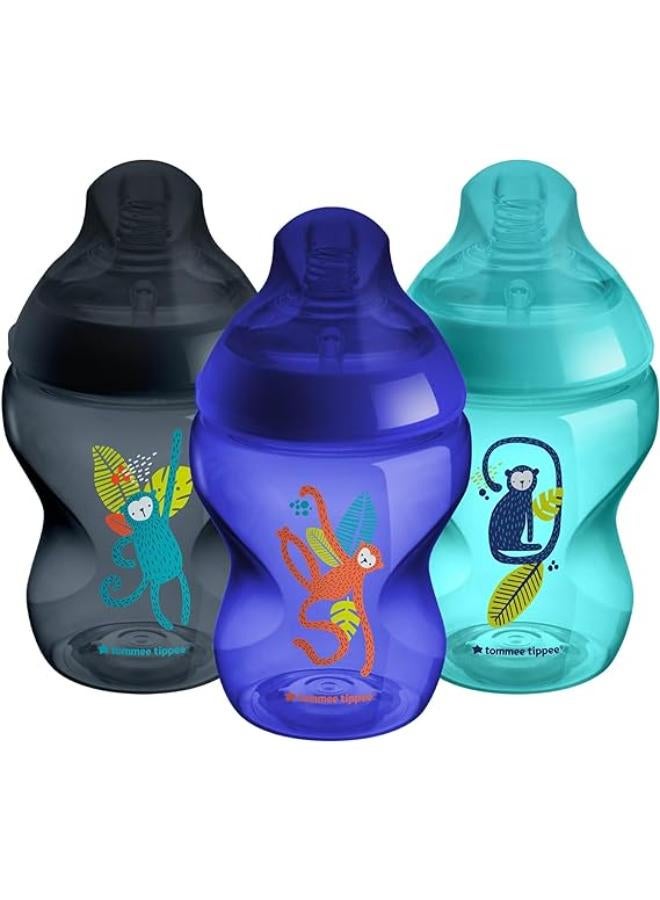 Jungle Blues Bottles 3-Pack 260ml | Slow-Flow Teat, Anti-Colic Valve | BPA-Free Feeding Bottles for Newborns