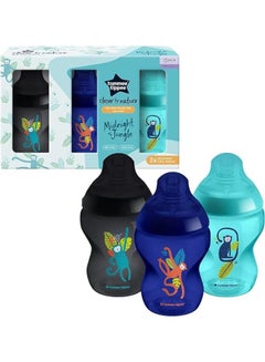 tommee tippee Tommee Tippee Closer to Nature Baby Bottles, Slow-Flow Breast-Like Teat with Anti-Colic Valve, 260ml, Pack of 3, Jungle Blues  - Image 2