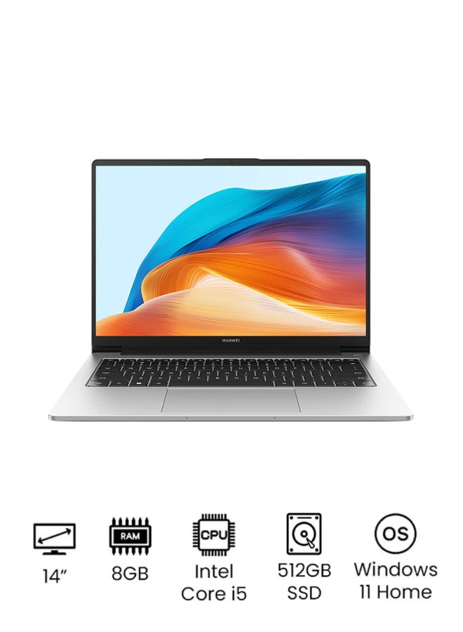 هواوي - لابتوب ميت بوك دي 14 2024 بشاشة مقاس 14 بوصة، ومعالج كور i5-12450H، الجيل 12/ذاكرة وصول عشوائي سعة 8 جيجابايت/محرك أقراص اس اس دي سعة 512 جيجابايت/بطاقة رسومات انتل يو اتش دي /نظام تشغيل ويندوز 11 هوم/ الإنجليزية/العربية فضي - Image 1