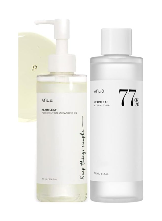 Anua - Heartleaf Pore Control Cleansing Oil & 77% Soothing Toner Set - Korean Facial Cleanser for Daily Makeup Removal, Blackheads Control, pH 5.5 Trouble Care, Calming & Hydrating (200ml / 250ml) 450ml - Image 1