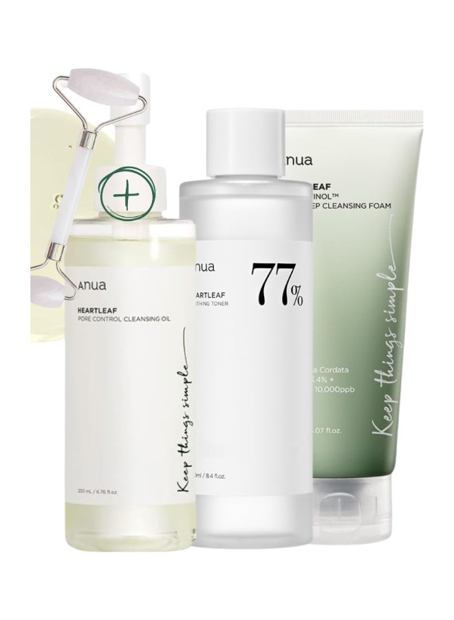 Anua Set - ( Pore Control Cleansing Oil -  Deep Cleansing Foam - 77% Soothing Toner I pH 5.5 & Massage Roller ) Korean Facial Cleansers - Trouble Care - Calming Skin - Refreshing - Hydrating 600ml  - Image 1