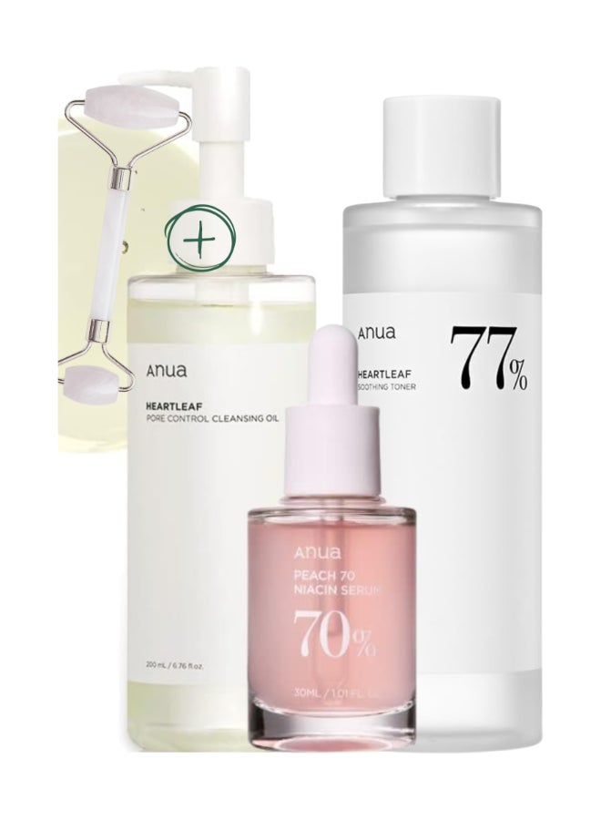 Anua Set - ( Pore Control Cleansing Oil - Niacinamide Serum & 77% Soothing Toner I pH 5.5 - Peach Serum - Face Massager )  - Korean Facial Skin Trouble Care - Calming Skin - Refreshing - Hydrating 480ml  - Image 1