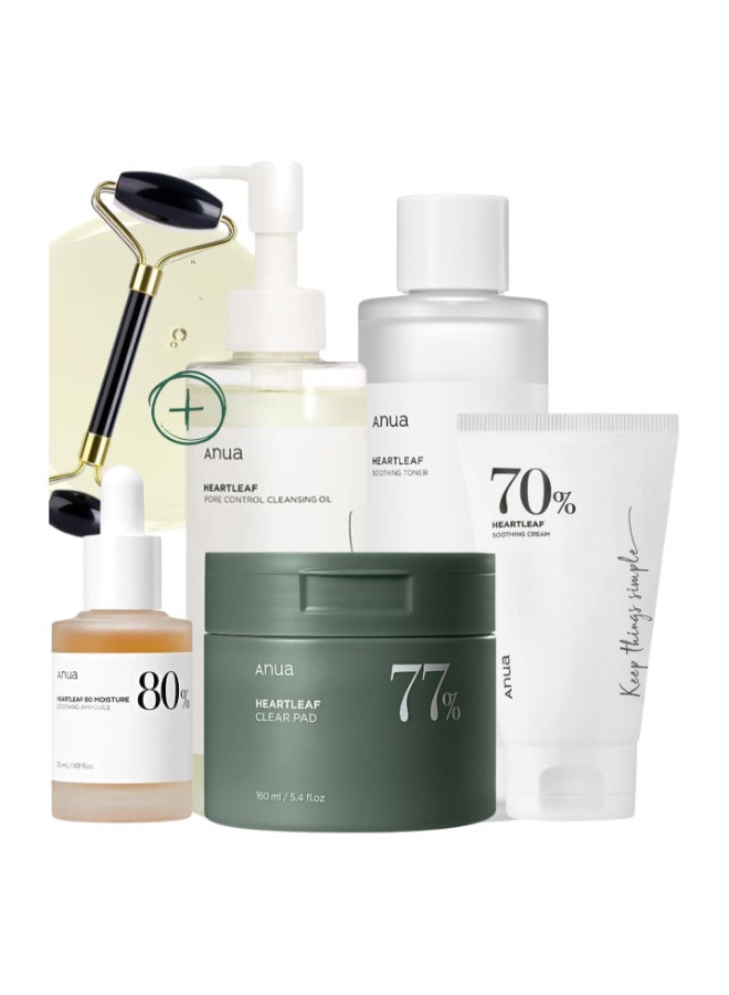 Anua Pack  ( Pore Control Cleansing Oil - Niacinamide Serum - 77% Soothing Toner I pH 5.5 - 70% Heartleaf Soothing Cream -  77% Clear 70 Pads - & Massage Roller )  - Korean Facial Skin Trouble Care 740ml  - Image 1