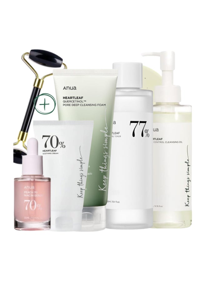 Anua Pack (Pore Control Cleansing Oil - Niacinamide Serum - 77% Soothing Toner PH 5.5 - 70% Heartleaf Soothing Cream - Intense Calming Cream - & Massage Roller) Korean Facial Skin Trouble Care 730ml  - Image 1