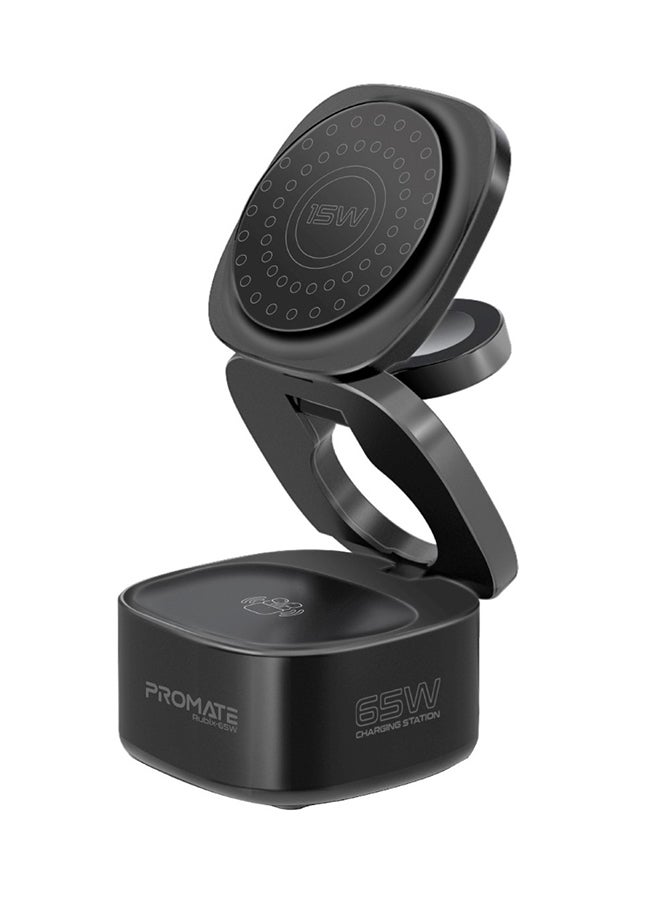 PROMATE - Foldable 4-In-1 Charging Station GaNFast 65W Magsafe With 15W Wireless Pad AirPods And Apple Watch Fast Charging Qualcomm QC 3.0 USB-A 45W USB-C Power Delivery Port Black - Image 1