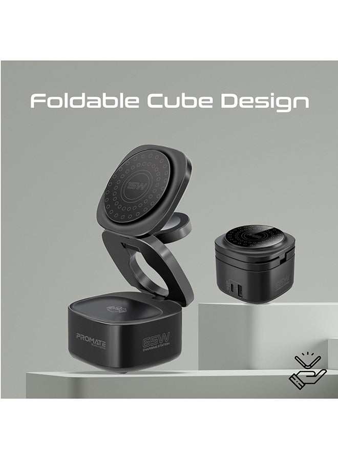 PROMATE - Foldable 4-In-1 Charging Station GaNFast 65W Magsafe With 15W Wireless Pad AirPods And Apple Watch Fast Charging Qualcomm QC 3.0 USB-A 45W USB-C Power Delivery Port Black - Image 1