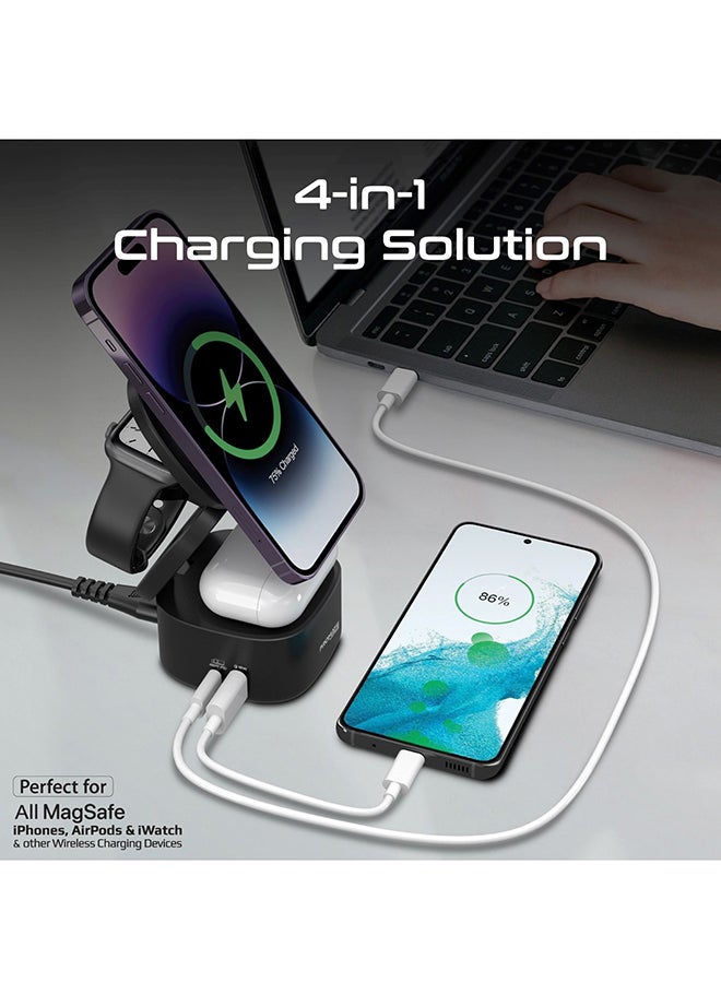 PROMATE - Foldable 4-In-1 Charging Station GaNFast 65W Magsafe With 15W Wireless Pad AirPods And Apple Watch Fast Charging Qualcomm QC 3.0 USB-A 45W USB-C Power Delivery Port Black - Image 1
