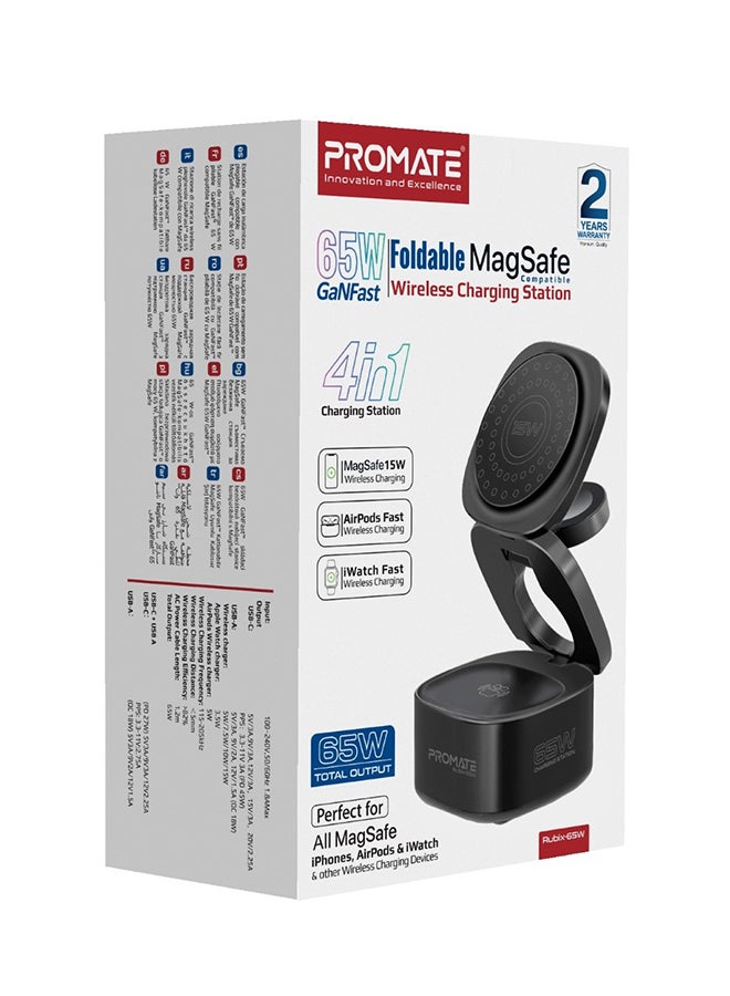 PROMATE - Foldable 4-In-1 Charging Station GaNFast 65W Magsafe With 15W Wireless Pad AirPods And Apple Watch Fast Charging Qualcomm QC 3.0 USB-A 45W USB-C Power Delivery Port Black - Image 1