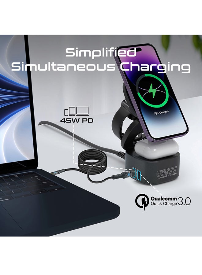 PROMATE - Foldable 4-In-1 Charging Station GaNFast 65W Magsafe With 15W Wireless Pad AirPods And Apple Watch Fast Charging Qualcomm QC 3.0 USB-A 45W USB-C Power Delivery Port Black - Image 1
