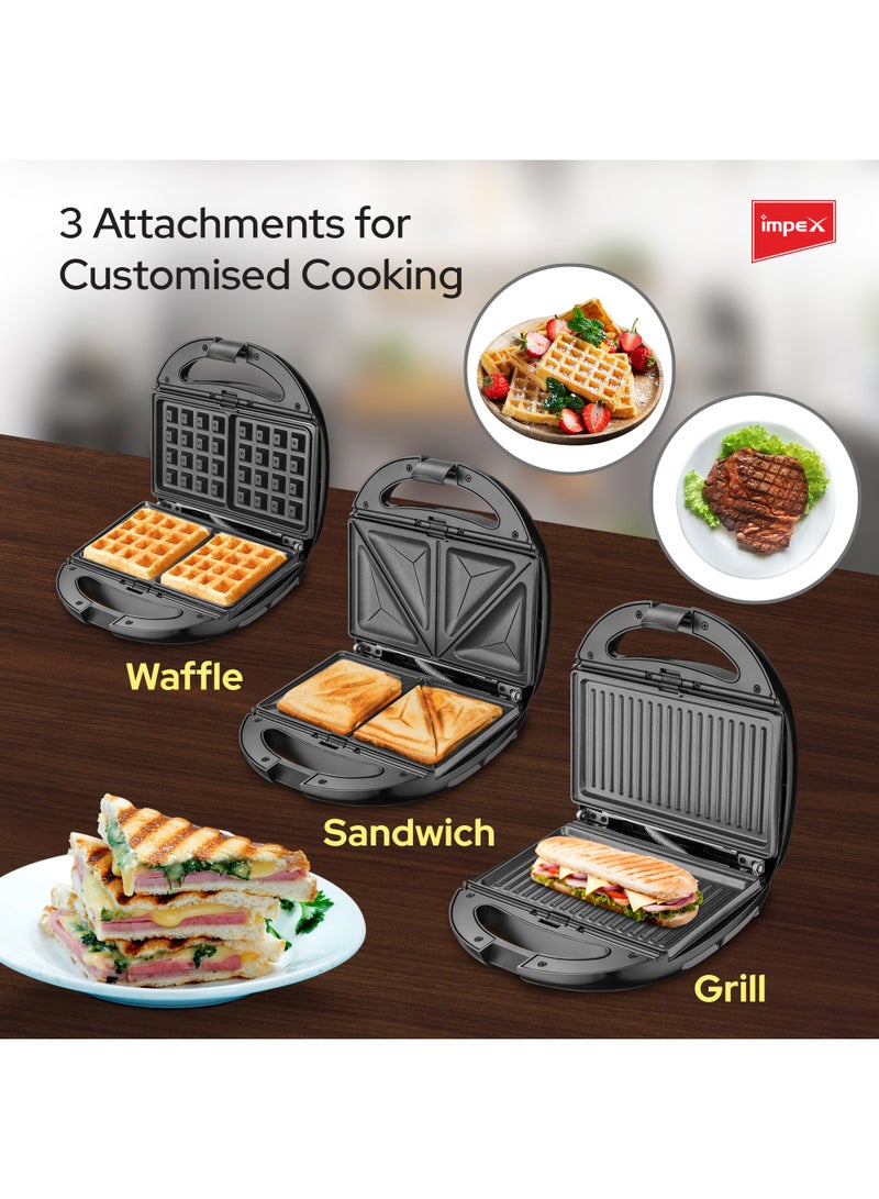 Impex - 3-In-1 Sandwich Maker Grill And Waffle Maker Non-Stick & Removable Plates Indicator Lights And Safety Lock 850 W SW 3605 Black - Image 1