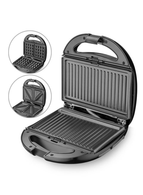 3-In-1 Sandwich Maker Grill And Waffle Maker Non-Stick & Removable Plates Indicator Lights And Safety Lock 850 W SW 3605 Black