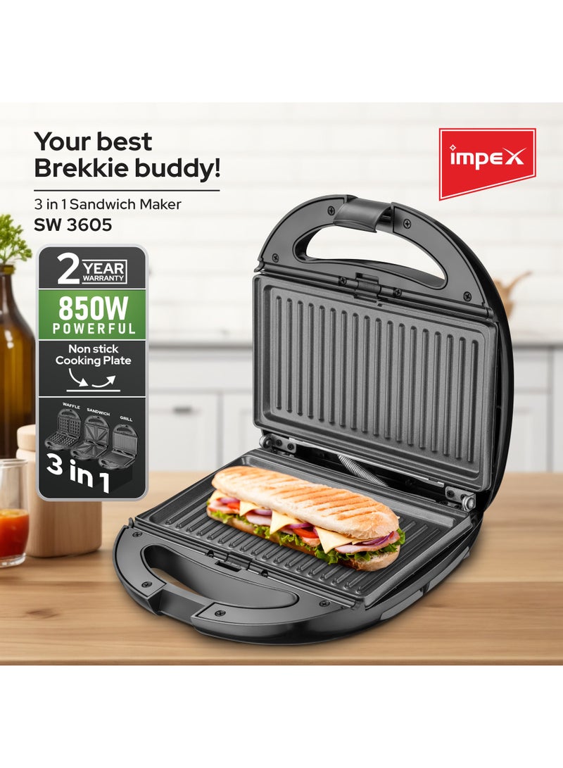 Impex - 3-In-1 Sandwich Maker Grill And Waffle Maker Non-Stick & Removable Plates Indicator Lights And Safety Lock 850 W SW 3605 Black - Image 1