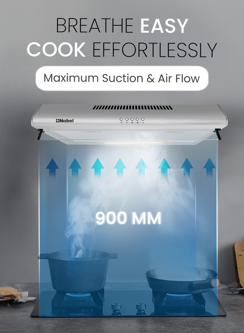 Nobel - 90 cm Built-in Hoods, Slim Hood, #430SS,  Push Button, 3 Speeds, 3 Layer Aluminum Filter with Metal Handle (3pcs), 2x40W Normal Lamp Bulb, 1x65W Motor, 220m3/h, Efficient Kitchen Ventilation Solution 65 W NCH90ST Silver - Image 1