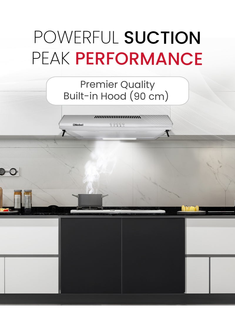 Nobel - 90 cm Built-in Hoods, Slim Hood, #430SS,  Push Button, 3 Speeds, 3 Layer Aluminum Filter with Metal Handle (3pcs), 2x40W Normal Lamp Bulb, 1x65W Motor, 220m3/h, Efficient Kitchen Ventilation Solution 65 W NCH90ST Silver - Image 1