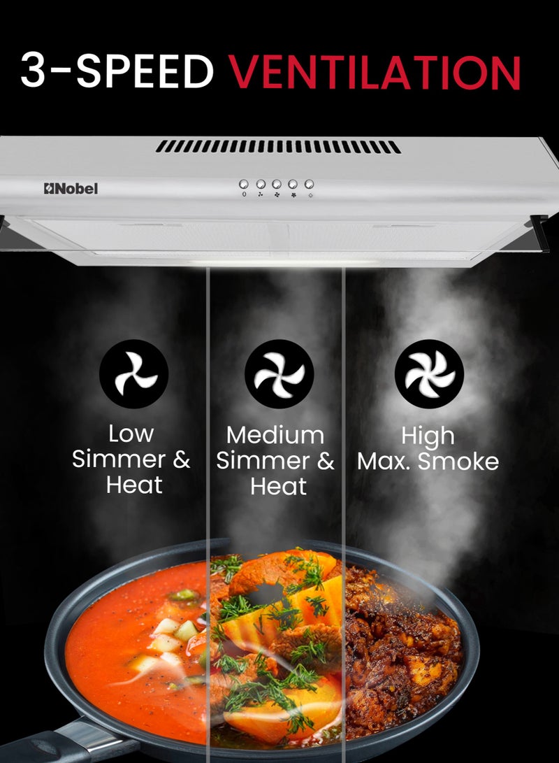 Nobel - 90 cm Built-in Hoods, Slim Hood, #430SS,  Push Button, 3 Speeds, 3 Layer Aluminum Filter with Metal Handle (3pcs), 2x40W Normal Lamp Bulb, 1x65W Motor, 220m3/h, Efficient Kitchen Ventilation Solution 65 W NCH90ST Silver - Image 1