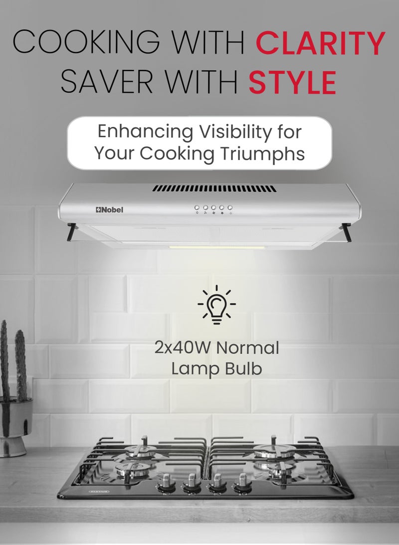 Nobel - 90 cm Built-in Hoods, Slim Hood, #430SS,  Push Button, 3 Speeds, 3 Layer Aluminum Filter with Metal Handle (3pcs), 2x40W Normal Lamp Bulb, 1x65W Motor, 220m3/h, Efficient Kitchen Ventilation Solution 65 W NCH90ST Silver - Image 1