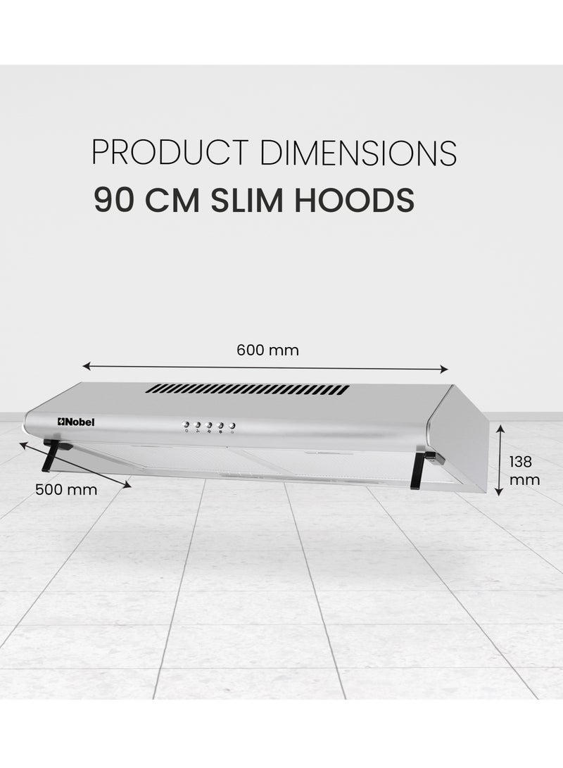 Nobel - 90 cm Built-in Hoods, Slim Hood, #430SS,  Push Button, 3 Speeds, 3 Layer Aluminum Filter with Metal Handle (3pcs), 2x40W Normal Lamp Bulb, 1x65W Motor, 220m3/h, Efficient Kitchen Ventilation Solution 65 W NCH90ST Silver - Image 1