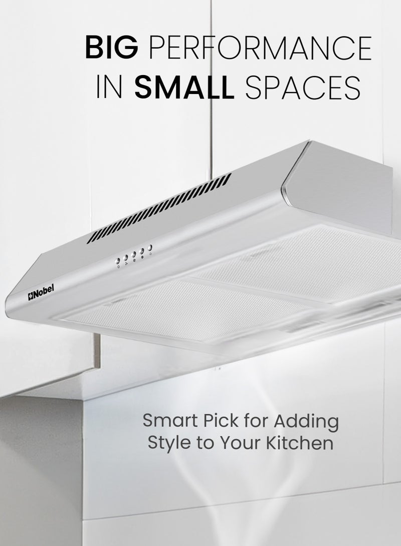 Nobel - 90 cm Built-in Hoods, Slim Hood, #430SS,  Push Button, 3 Speeds, 3 Layer Aluminum Filter with Metal Handle (3pcs), 2x40W Normal Lamp Bulb, 1x65W Motor, 220m3/h, Efficient Kitchen Ventilation Solution 65 W NCH90ST Silver - Image 1
