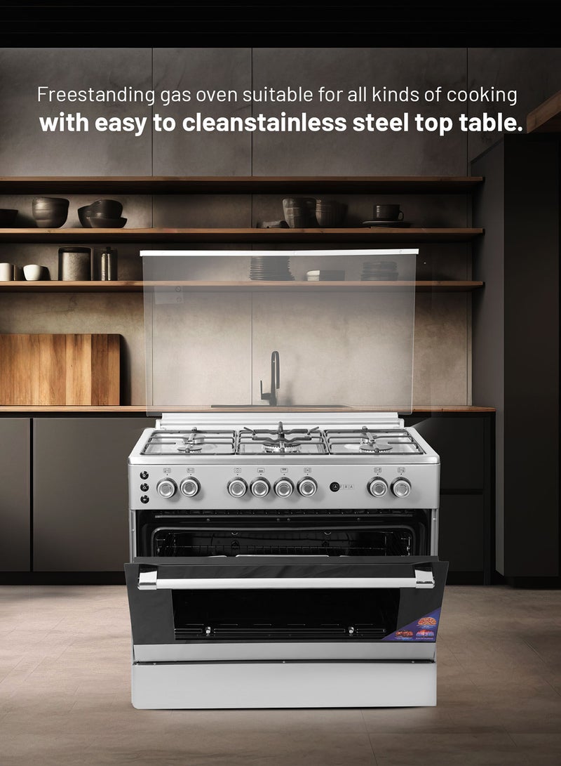 AFRA Freestanding Gas Cooking Range | 90cm Stove & Oven | 5 Gas Burners | Triple Italian Sabaf Burner | Full Safety Auto Ignition | Double Rotisserie | Double Oven Lamp AF-90 Silver  - Image 4