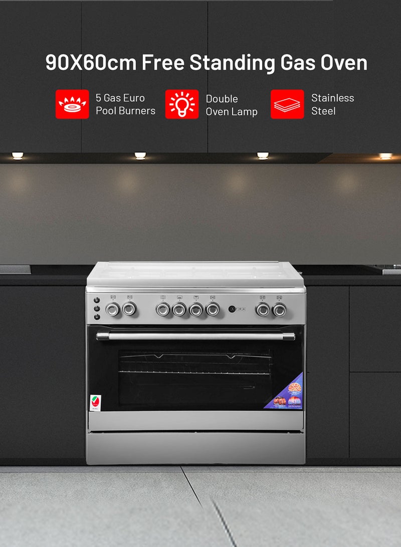 AFRA Freestanding Gas Cooking Range | 90cm Stove & Oven | 5 Gas Burners | Triple Italian Sabaf Burner | Full Safety Auto Ignition | Double Rotisserie | Double Oven Lamp AF-90 Silver  - Image 3