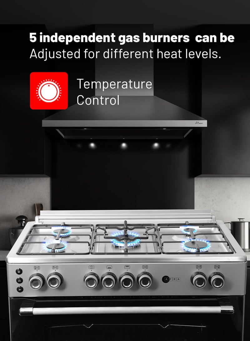 AFRA Freestanding Gas Cooking Range | 90cm Stove & Oven | 5 Gas Burners | Triple Italian Sabaf Burner | Full Safety Auto Ignition | Double Rotisserie | Double Oven Lamp AF-90 Silver  - Image 5