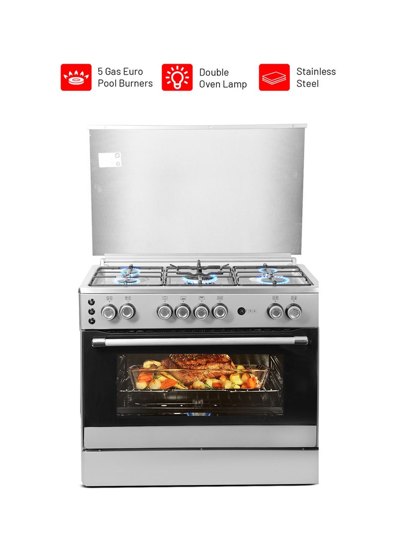 AFRA Freestanding Gas Cooking Range | 90cm Stove & Oven | 5 Gas Burners | Triple Italian Sabaf Burner | Full Safety Auto Ignition | Double Rotisserie | Double Oven Lamp AF-90 Silver  - Image 1