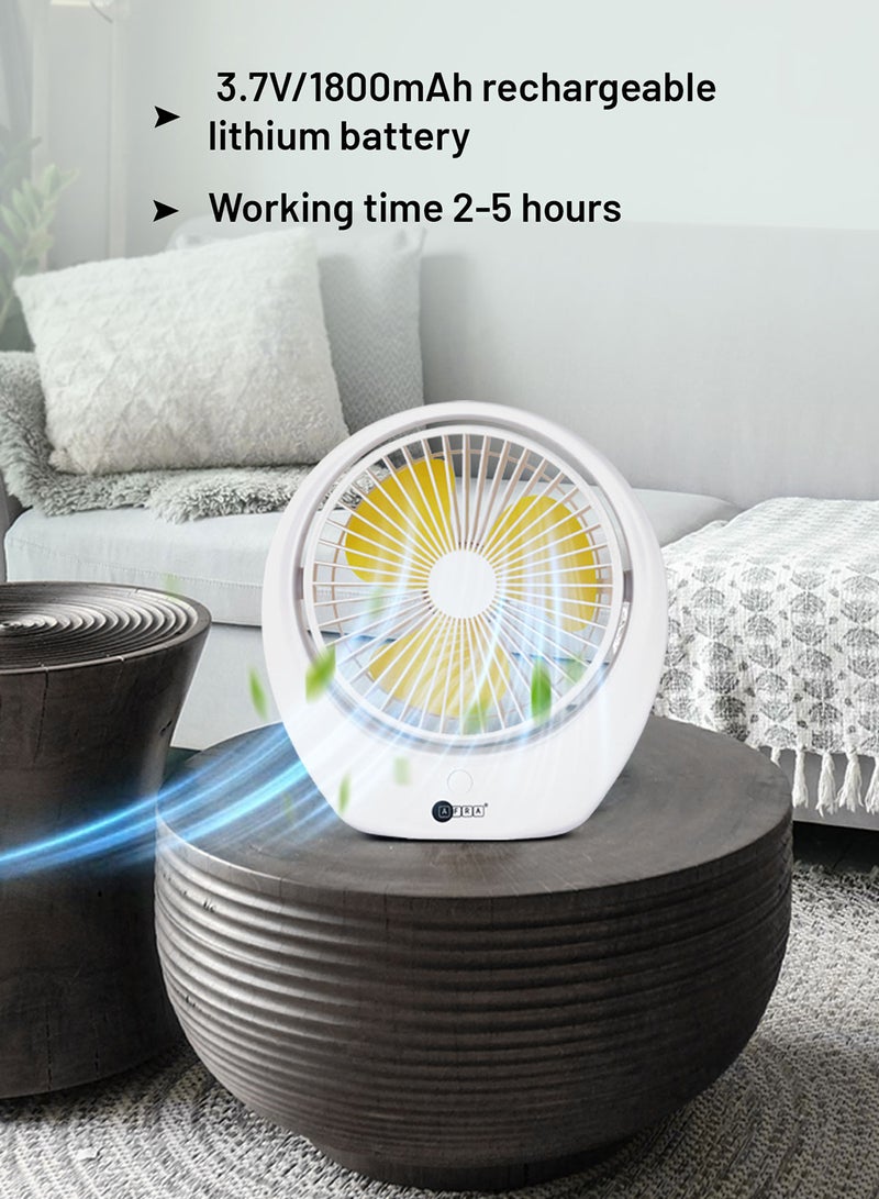 AFRA Portable Compact Fan, 3.7V, 6’’, 1800mAh, With Carrying Handle, Rechargeable, Adjustable, Wide Angle Coverage, Low Noise, Power Saving, Overcharge Protection, With 2 Year Warranty AF-1010USBF White